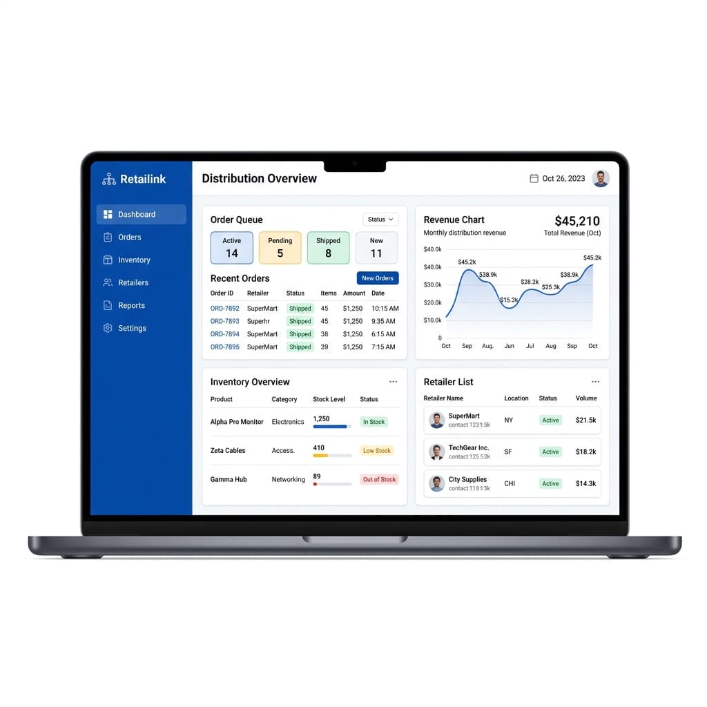 Retaillink distribution management dashboard showing orders, inventory and retailer analytics