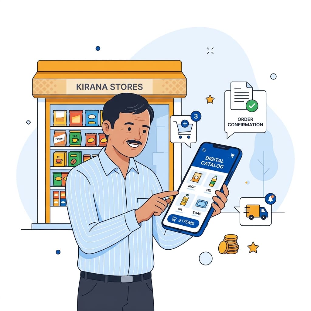 Indian retail shop owner using Retaillink app to browse digital catalog and place orders